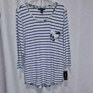 NWT Blue and White Striped 3/4 Sleeve Shirt With Faux Button Back. Size XL